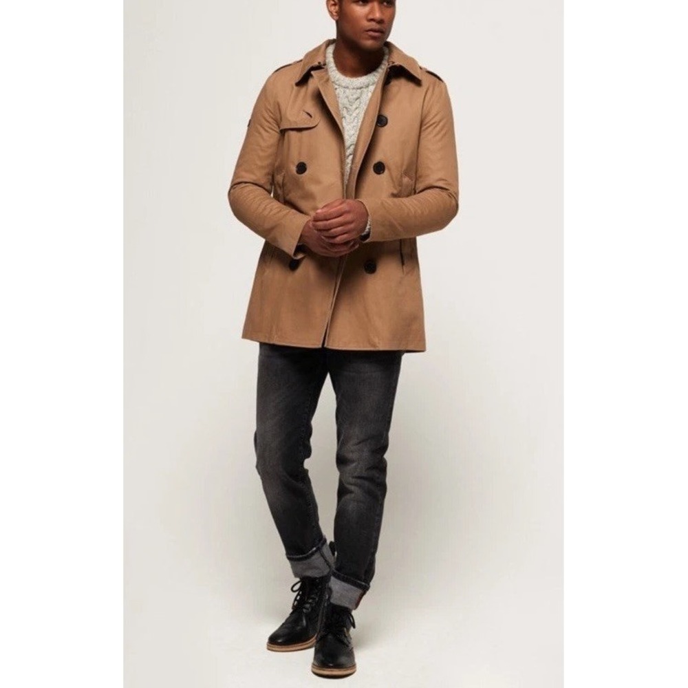 SUPERDRY Rogue Men's Trench Coat Size M Utility Military Tan Double Breasted